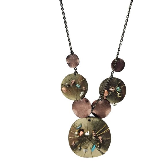 Art Deco Handcrafted Mixed Metal Pendant Statement Necklace Colorful Beads Women - Picture 1 of 7